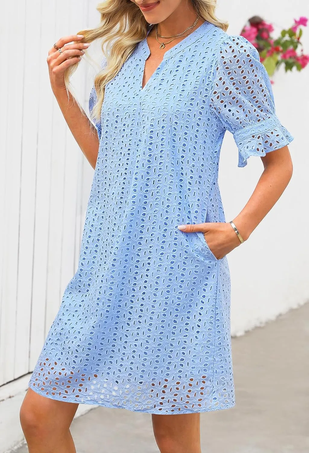 MEROKEETY Women's 2025 Summer Short Sleeve Mini Dress V Neck Ruffle Hollow Out Eyelet Lace Dresses