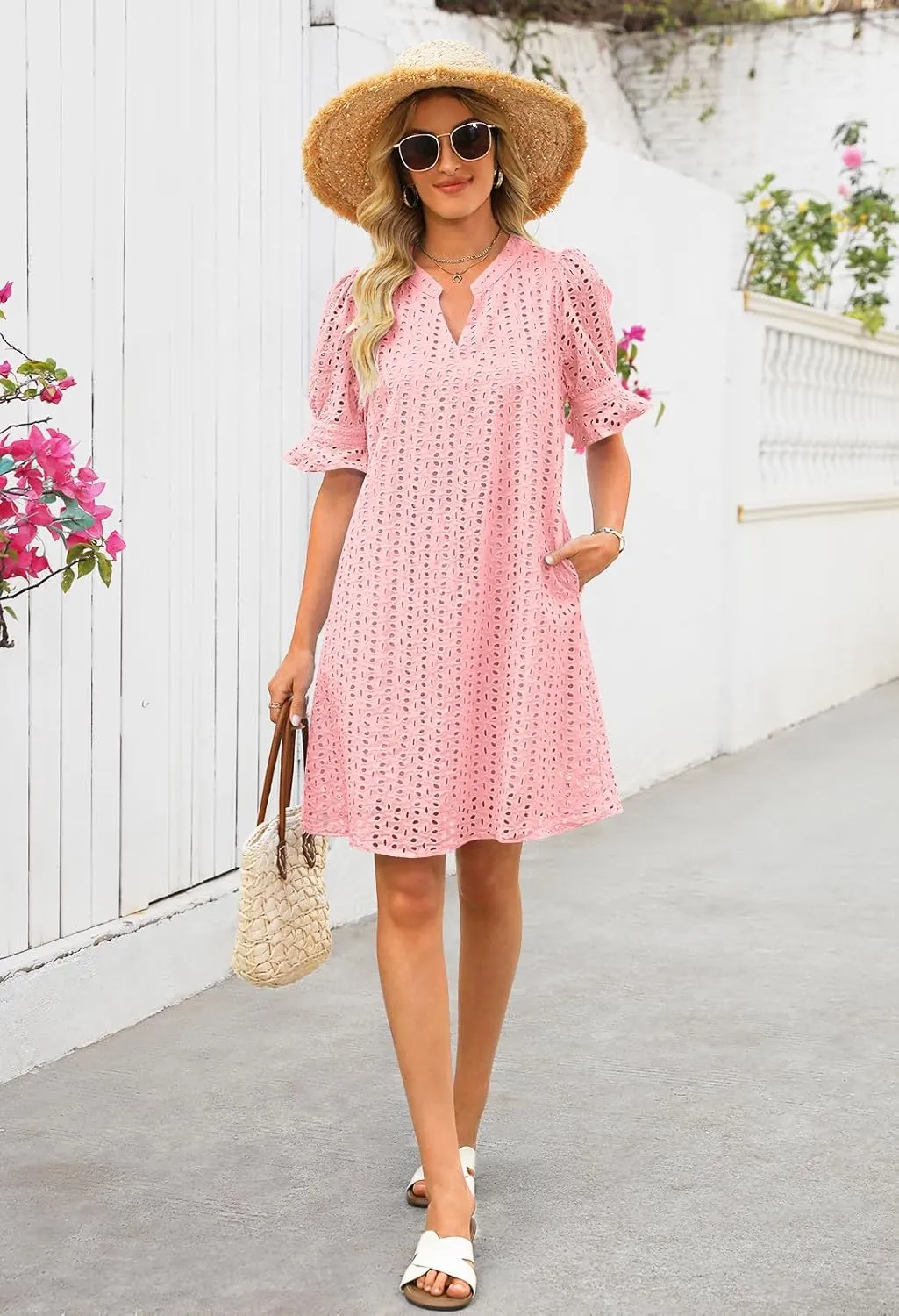 MEROKEETY Women's 2025 Summer Short Sleeve Mini Dress V Neck Ruffle Hollow Out Eyelet Lace Dresses