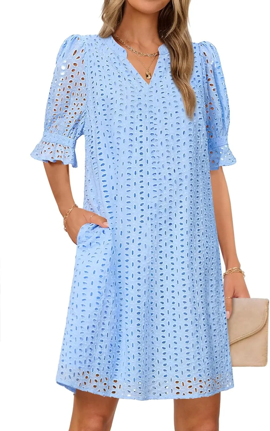 MEROKEETY Women's 2025 Summer Short Sleeve Mini Dress V Neck Ruffle Hollow Out Eyelet Lace Dresses