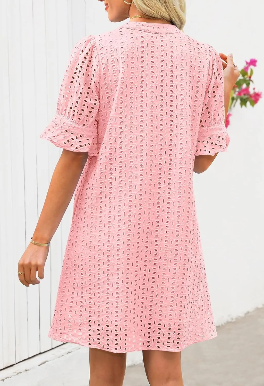 MEROKEETY Women's 2025 Summer Short Sleeve Mini Dress V Neck Ruffle Hollow Out Eyelet Lace Dresses