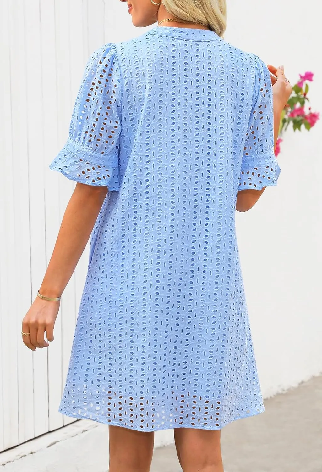 MEROKEETY Women's 2025 Summer Short Sleeve Mini Dress V Neck Ruffle Hollow Out Eyelet Lace Dresses