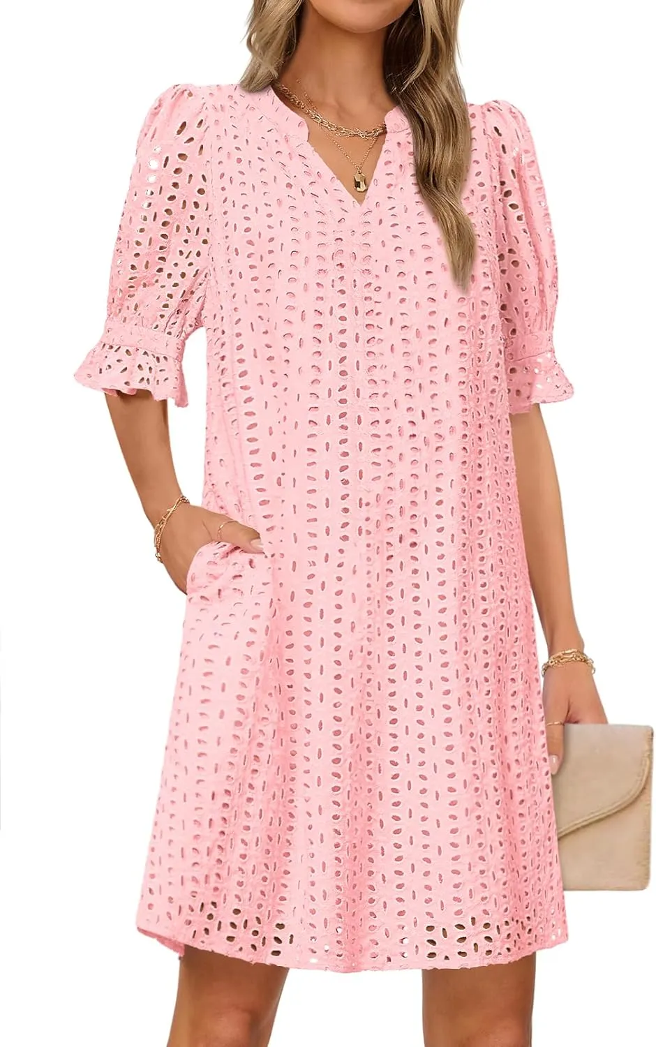 MEROKEETY Women's 2025 Summer Short Sleeve Mini Dress V Neck Ruffle Hollow Out Eyelet Lace Dresses