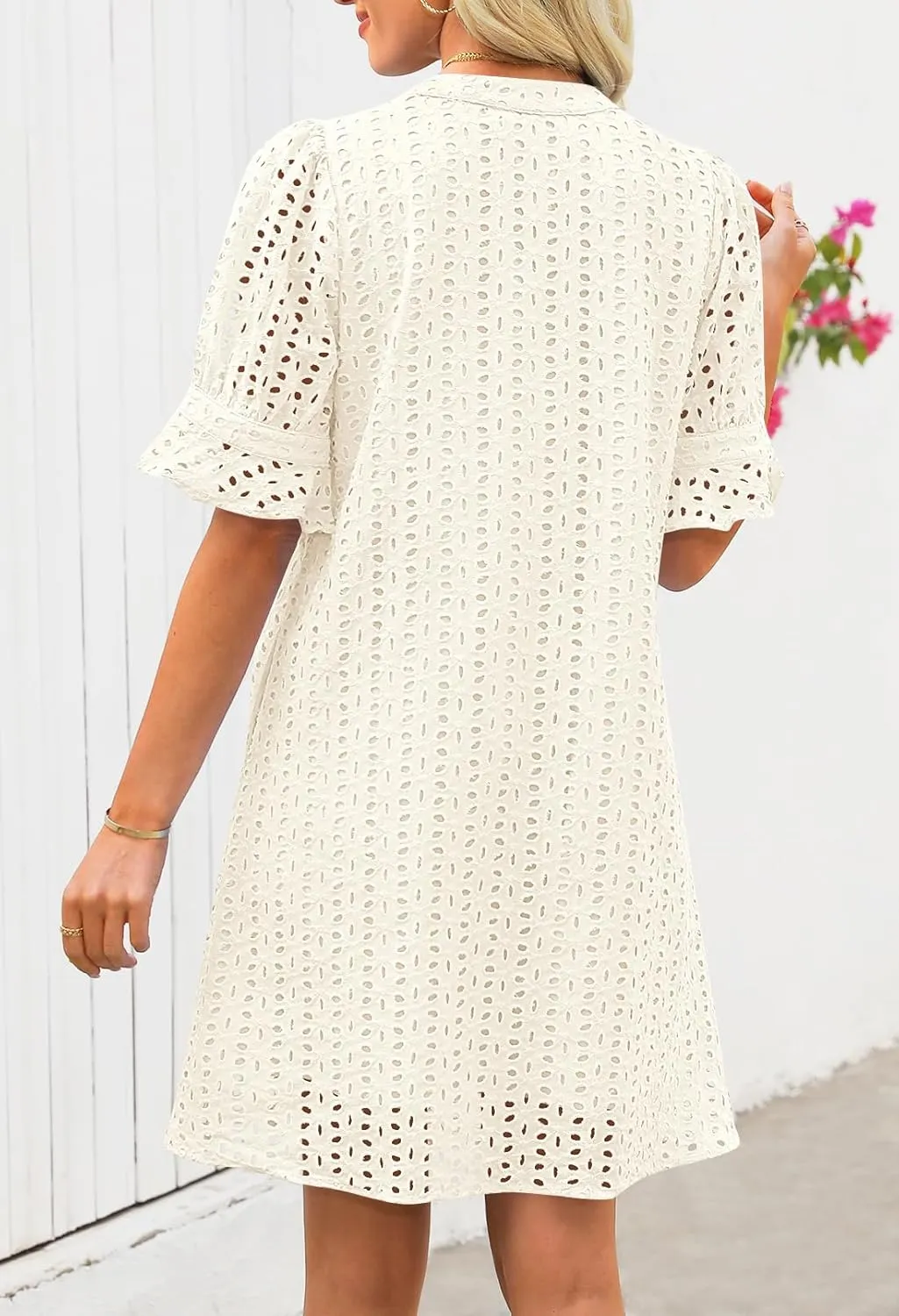 MEROKEETY Women's 2025 Summer Short Sleeve Mini Dress V Neck Ruffle Hollow Out Eyelet Lace Dresses
