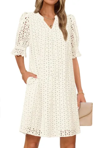 MEROKEETY Women's 2025 Summer Short Sleeve Mini Dress V Neck Ruffle Hollow Out Eyelet Lace Dresses