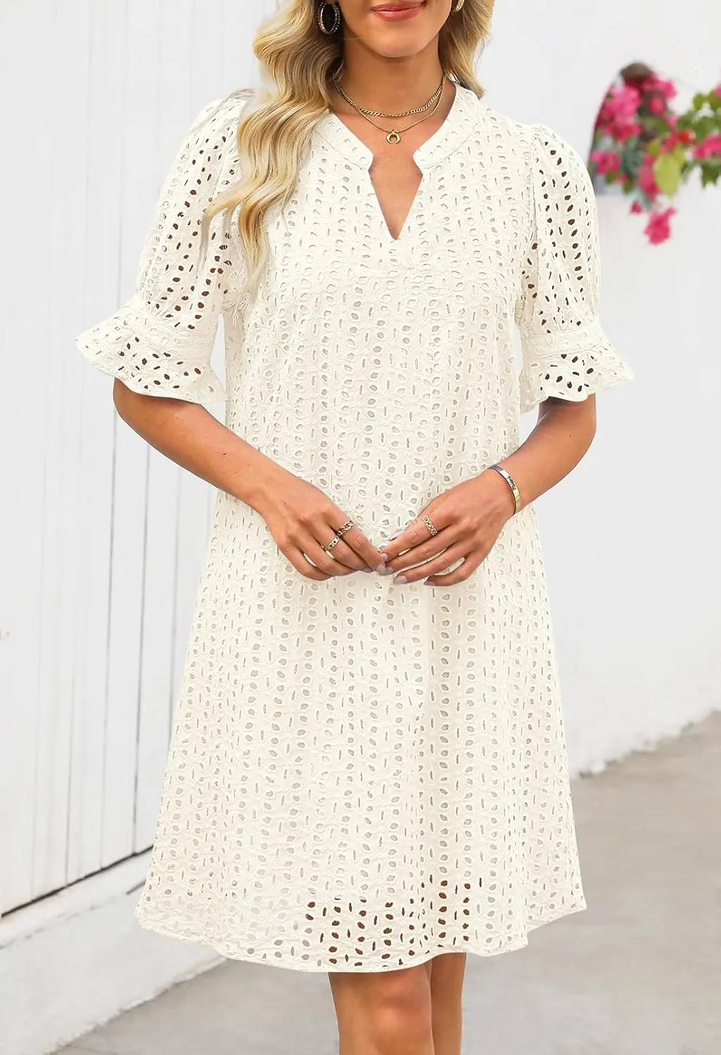 MEROKEETY Women's 2025 Summer Short Sleeve Mini Dress V Neck Ruffle Hollow Out Eyelet Lace Dresses