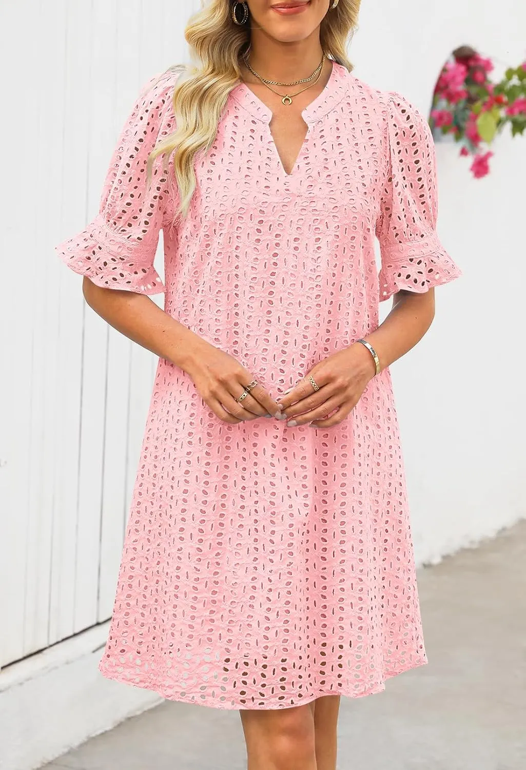 MEROKEETY Women's 2025 Summer Short Sleeve Mini Dress V Neck Ruffle Hollow Out Eyelet Lace Dresses