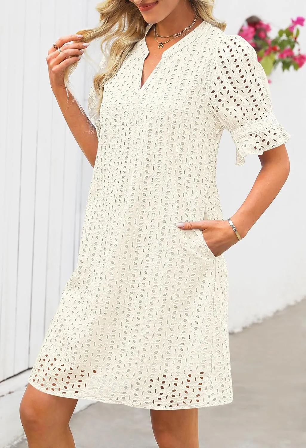 MEROKEETY Women's 2025 Summer Short Sleeve Mini Dress V Neck Ruffle Hollow Out Eyelet Lace Dresses