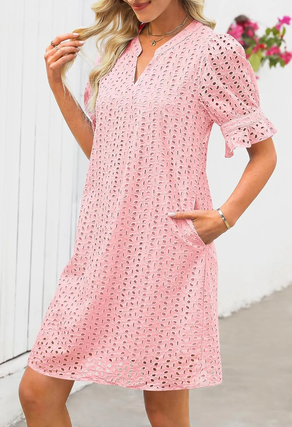 MEROKEETY Women's 2025 Summer Short Sleeve Mini Dress V Neck Ruffle Hollow Out Eyelet Lace Dresses