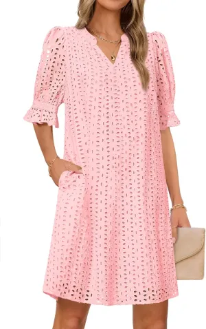 MEROKEETY Women's 2025 Summer Short Sleeve Mini Dress V Neck Ruffle Hollow Out Eyelet Lace Dresses