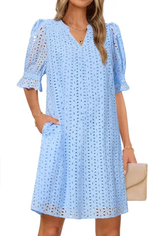 MEROKEETY Women's 2025 Summer Short Sleeve Mini Dress V Neck Ruffle Hollow Out Eyelet Lace Dresses