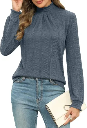 Micoson Womens Mock Neck Blouses Pleated Textured Shirts Long Sleeve Stretch Casual Tunic Tops Dressy Fashion Blouse