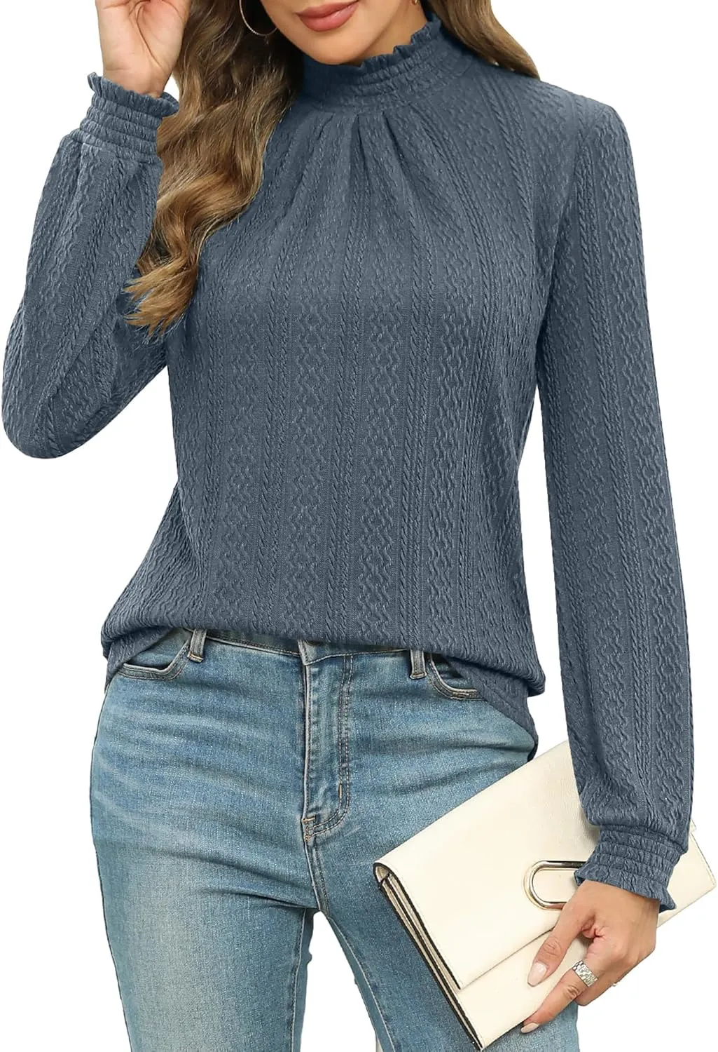 Micoson Womens Mock Neck Blouses Pleated Textured Shirts Long Sleeve Stretch Casual Tunic Tops Dressy Fashion Blouse