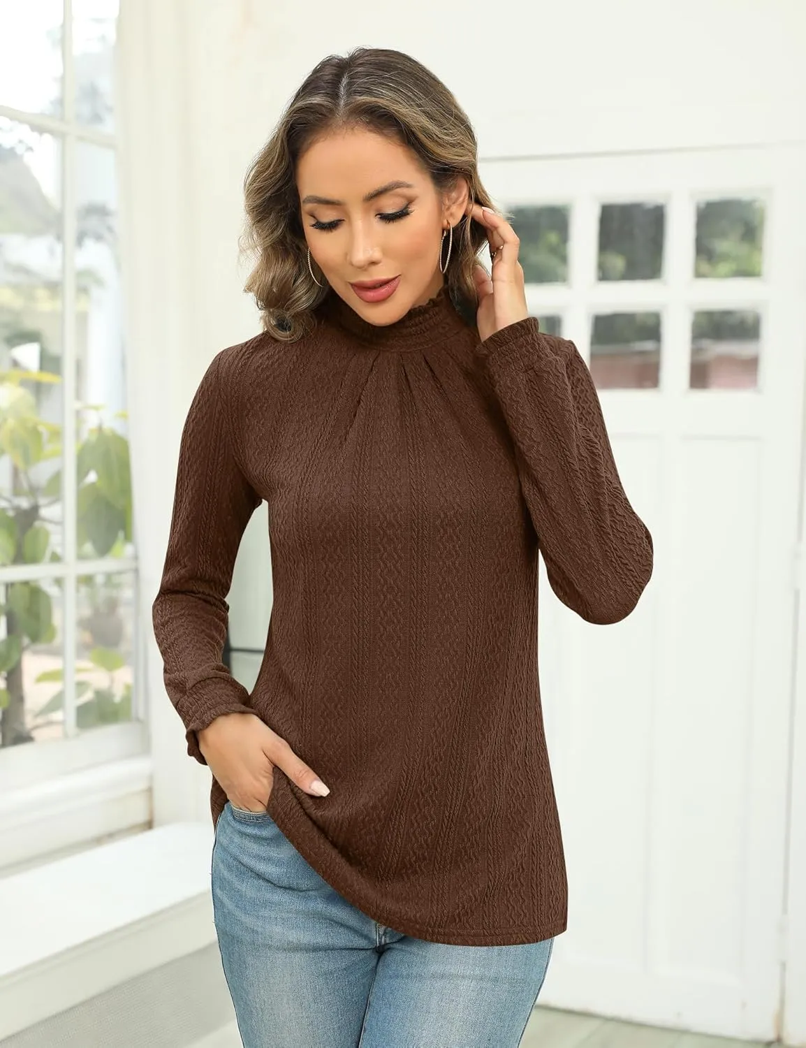 Micoson Womens Mock Neck Blouses Pleated Textured Shirts Long Sleeve Stretch Casual Tunic Tops Dressy Fashion Blouse