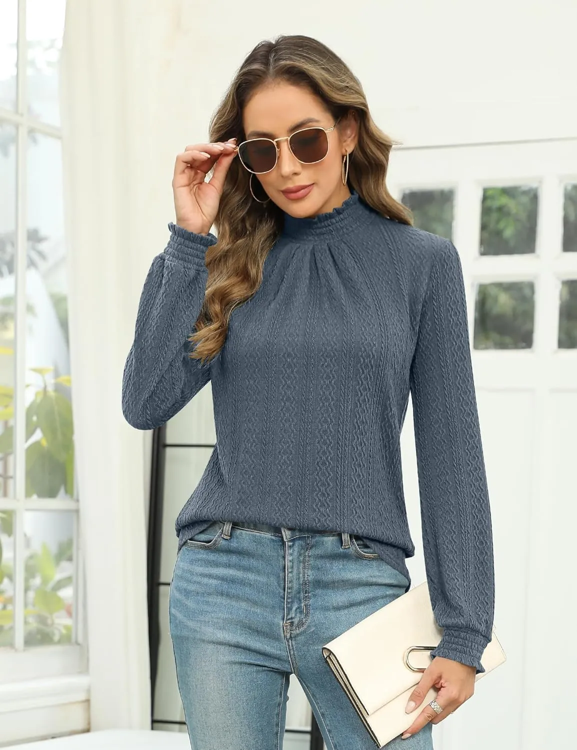 Micoson Womens Mock Neck Blouses Pleated Textured Shirts Long Sleeve Stretch Casual Tunic Tops Dressy Fashion Blouse