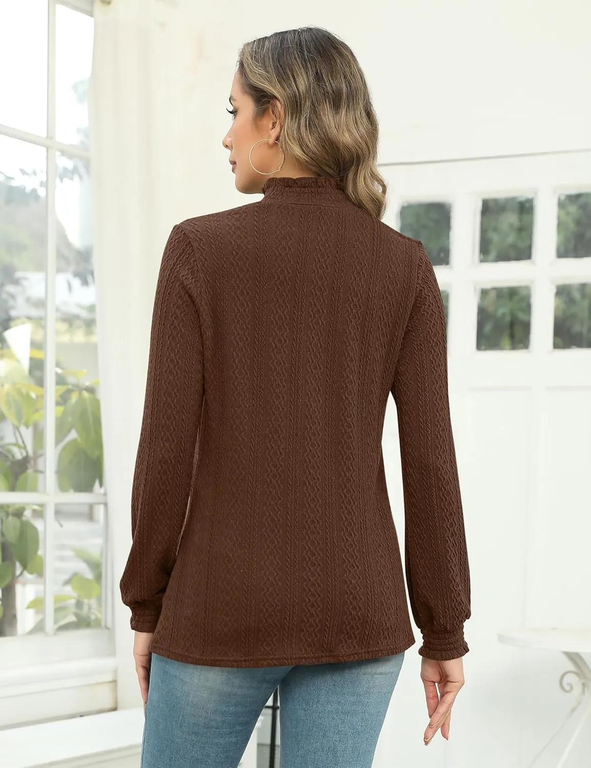 Micoson Womens Mock Neck Blouses Pleated Textured Shirts Long Sleeve Stretch Casual Tunic Tops Dressy Fashion Blouse