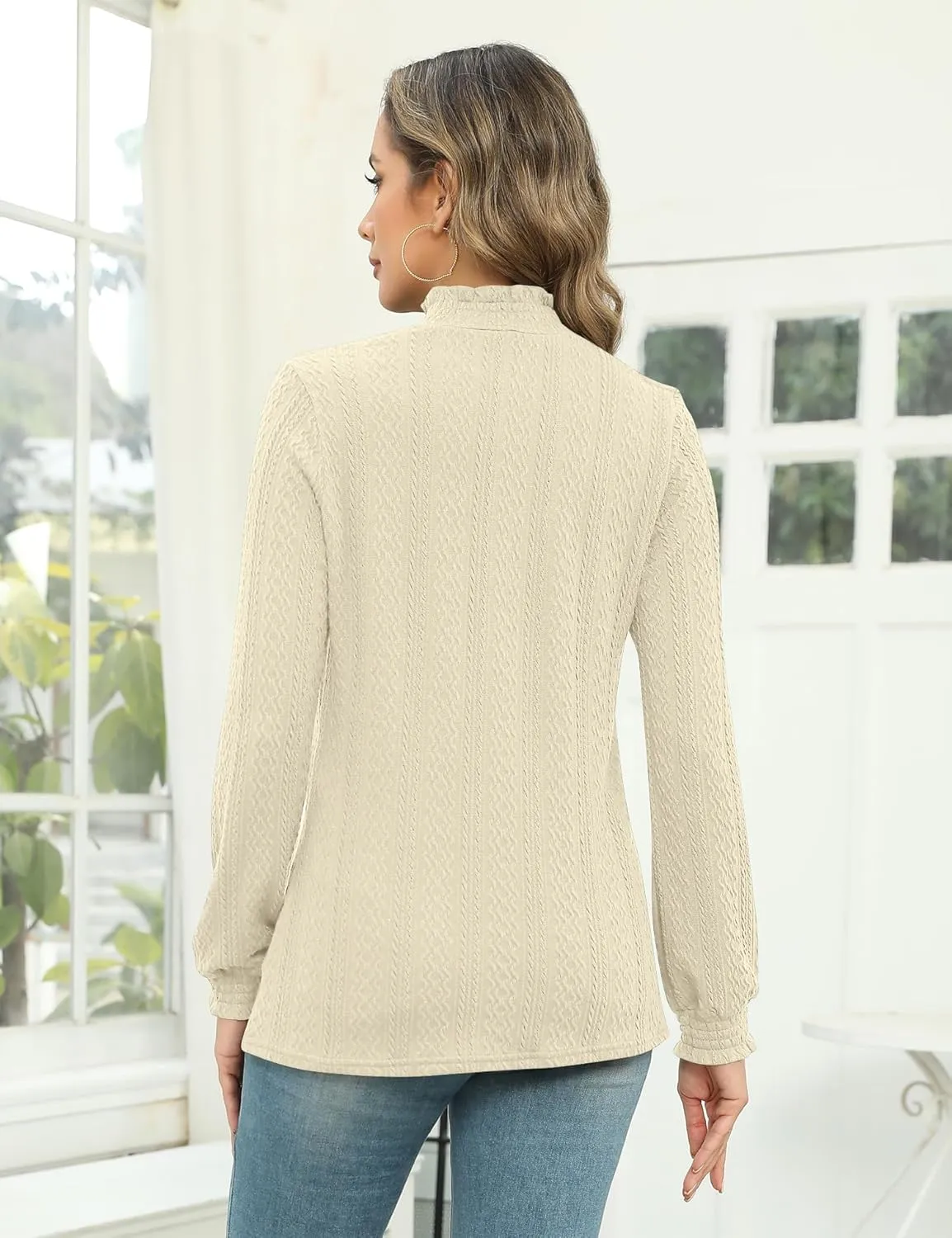 Micoson Womens Mock Neck Blouses Pleated Textured Shirts Long Sleeve Stretch Casual Tunic Tops Dressy Fashion Blouse