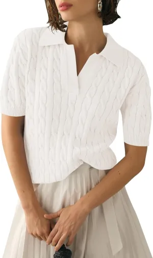 Micoson Womens Short Sleeve Sweater Tops Lapel V Neck Loose Shirts 2025 Summer Cable Knit Business Casual Outfits