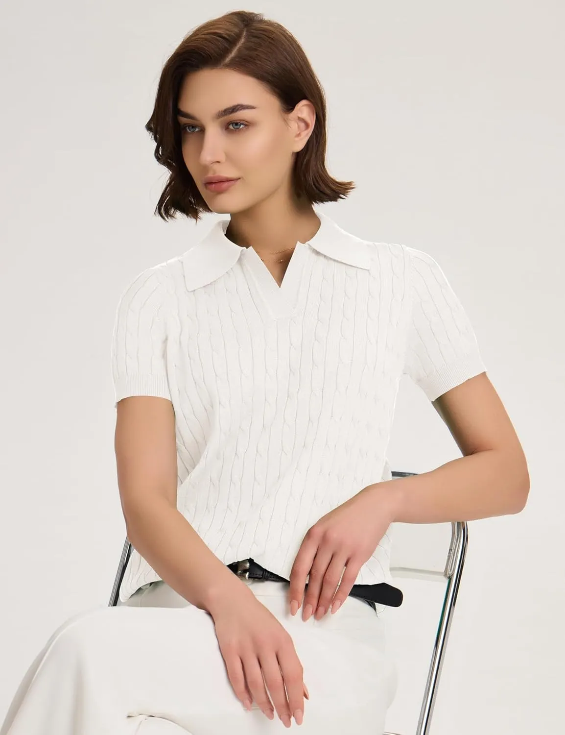 Micoson Womens Short Sleeve Sweater Tops Lapel V Neck Loose Shirts 2025 Summer Cable Knit Business Casual Outfits