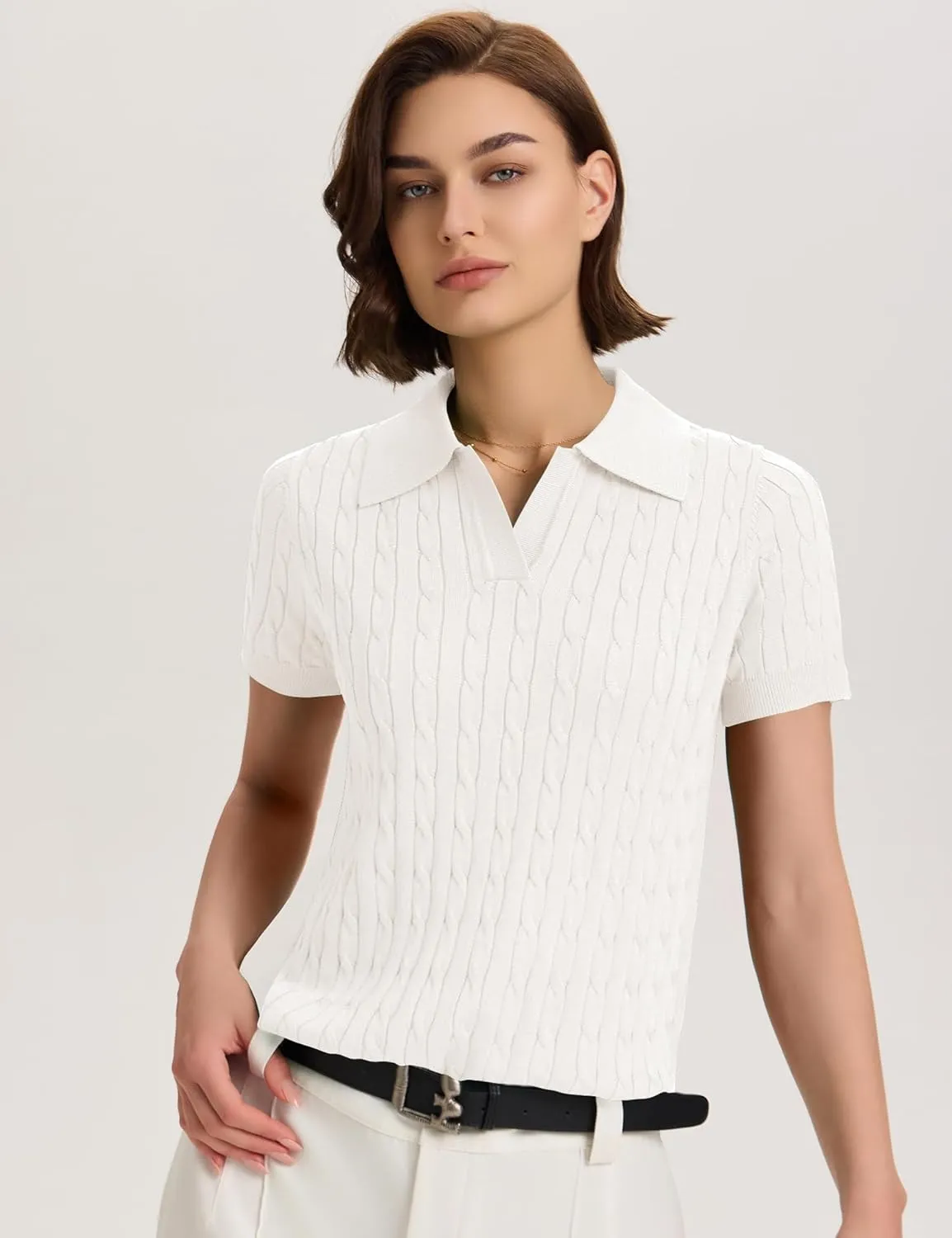 Micoson Womens Short Sleeve Sweater Tops Lapel V Neck Loose Shirts 2025 Summer Cable Knit Business Casual Outfits