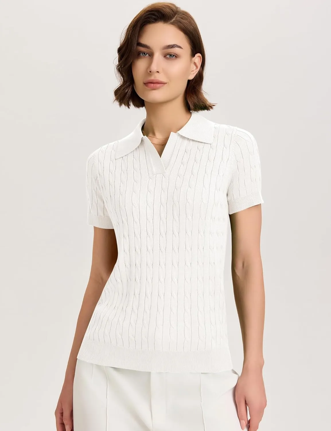 Micoson Womens Short Sleeve Sweater Tops Lapel V Neck Loose Shirts 2025 Summer Cable Knit Business Casual Outfits