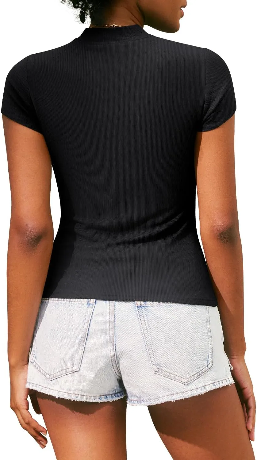 MIHOLL Women's Summer Cap Short Sleeve Tops Mock Neck Ribbed Knit Slim Fit Casual Basic Tee T Shirts