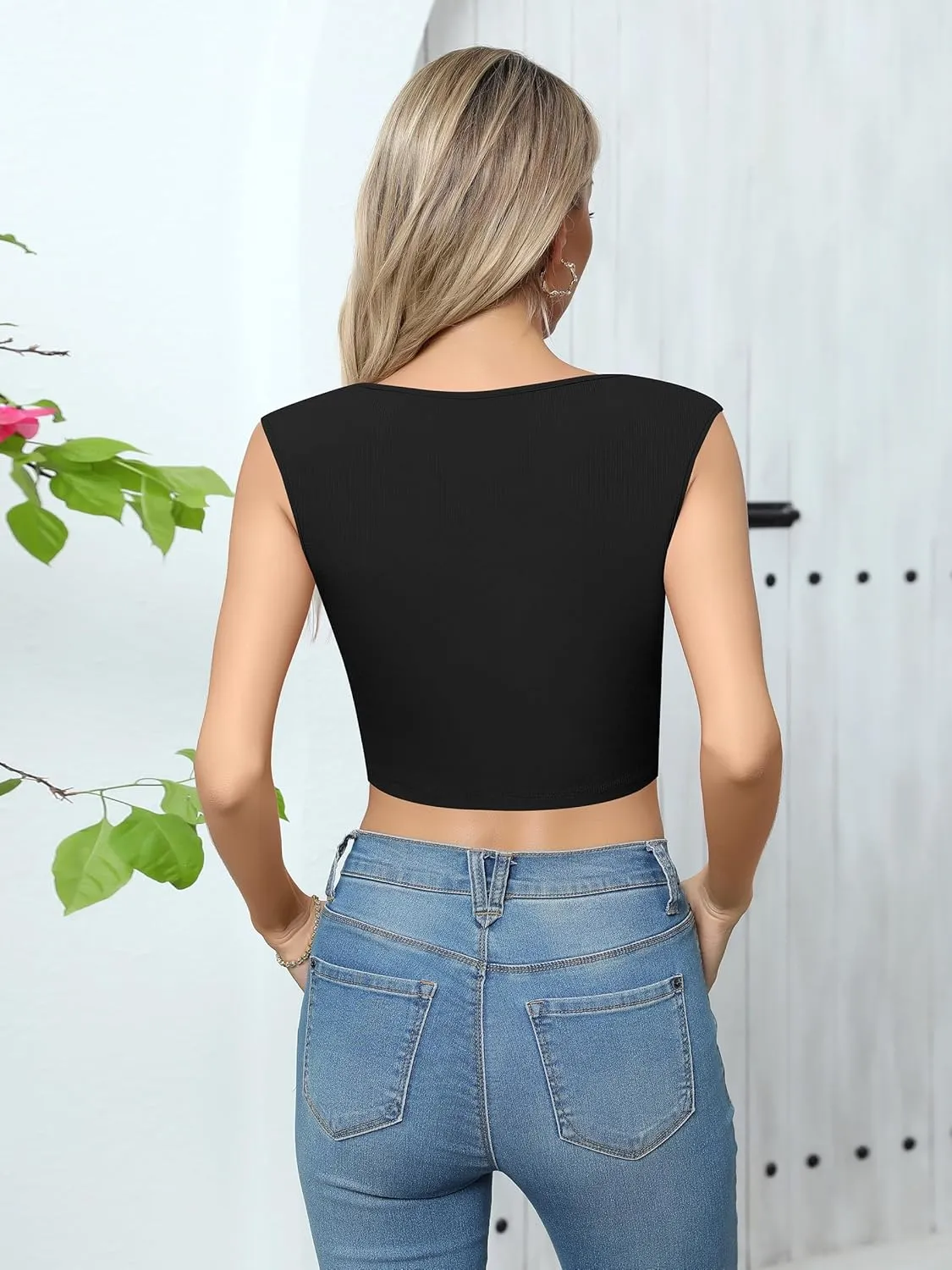 Missufe Women's V Neck Sleeveless Slim Fit Ribbed Knit Summer Crop Tank Top