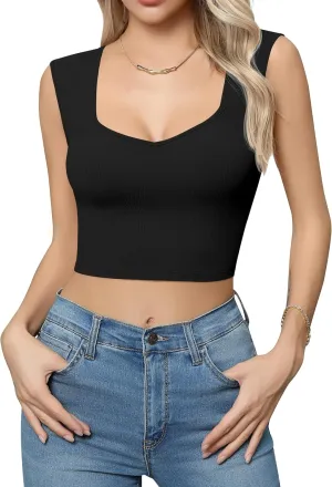 Missufe Women's V Neck Sleeveless Slim Fit Ribbed Knit Summer Crop Tank Top