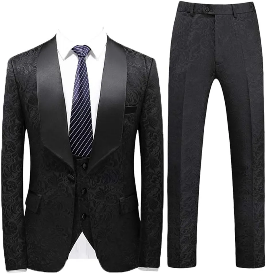 MllesReve Men's Slim Fit 3 Piece Jacquard Floral Wedding Suit Prom Jacket Pants