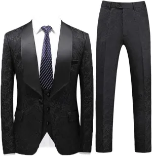 MllesReve Men's Slim Fit 3 Piece Jacquard Floral Wedding Suit Prom Jacket Pants