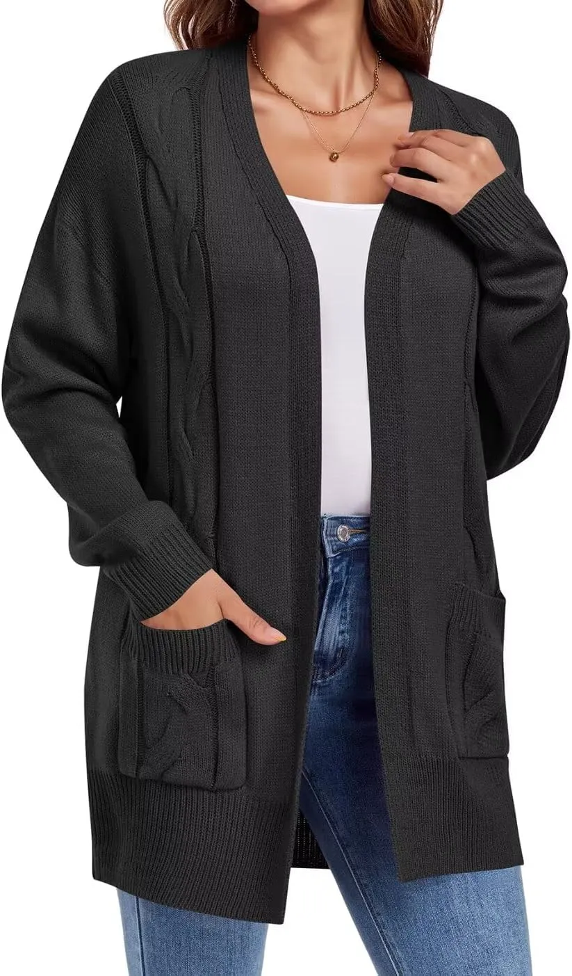 MONNURO Plus Size Cardigan Sweater for Women Long Sleeve Cable Knit Open Front Cardigan Outwear with Pockets