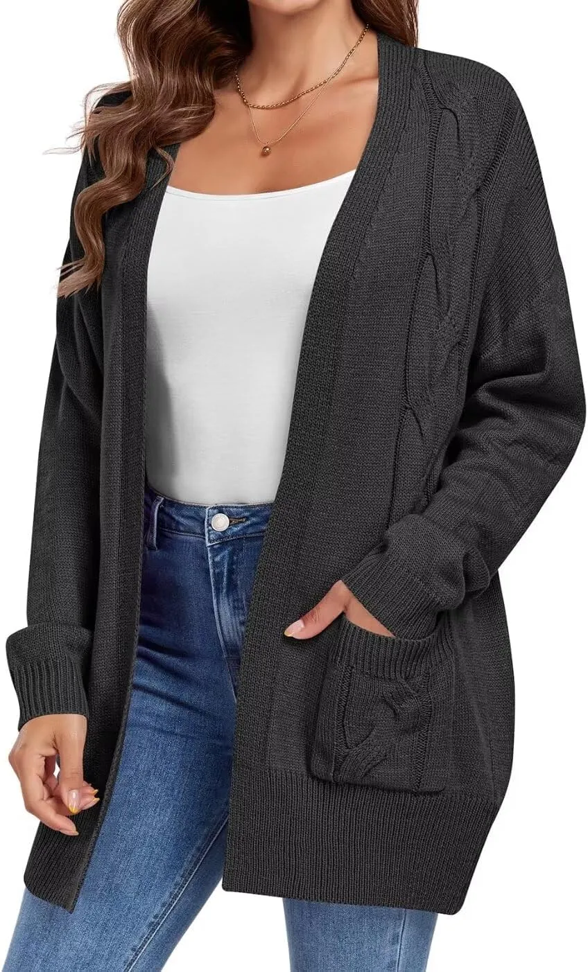 MONNURO Plus Size Cardigan Sweater for Women Long Sleeve Cable Knit Open Front Cardigan Outwear with Pockets