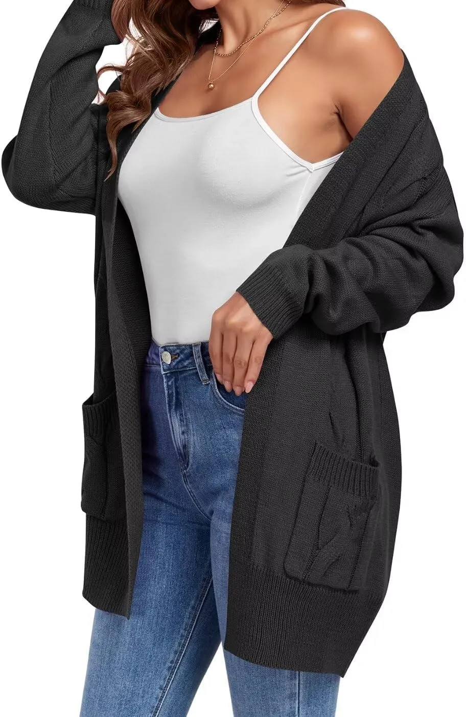 MONNURO Plus Size Cardigan Sweater for Women Long Sleeve Cable Knit Open Front Cardigan Outwear with Pockets