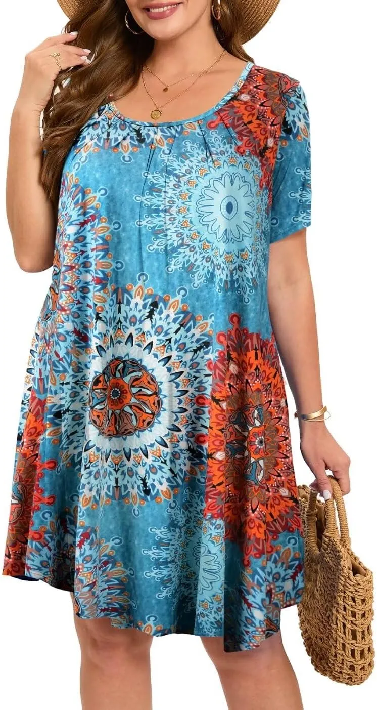 MONNURO Womens Plus Size Summer Dresses Casual Pleated Front Short Sleeve Swing Tunic Tshirt Dress with Pockets