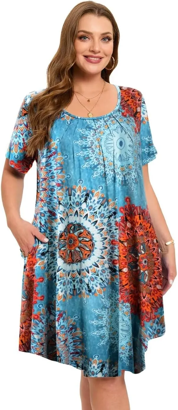 MONNURO Womens Plus Size Summer Dresses Casual Pleated Front Short Sleeve Swing Tunic Tshirt Dress with Pockets