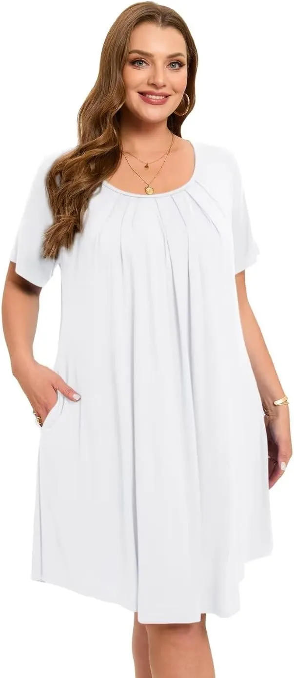 MONNURO Womens Plus Size Summer Dresses Casual Pleated Front Short Sleeve Swing Tunic Tshirt Dress with Pockets