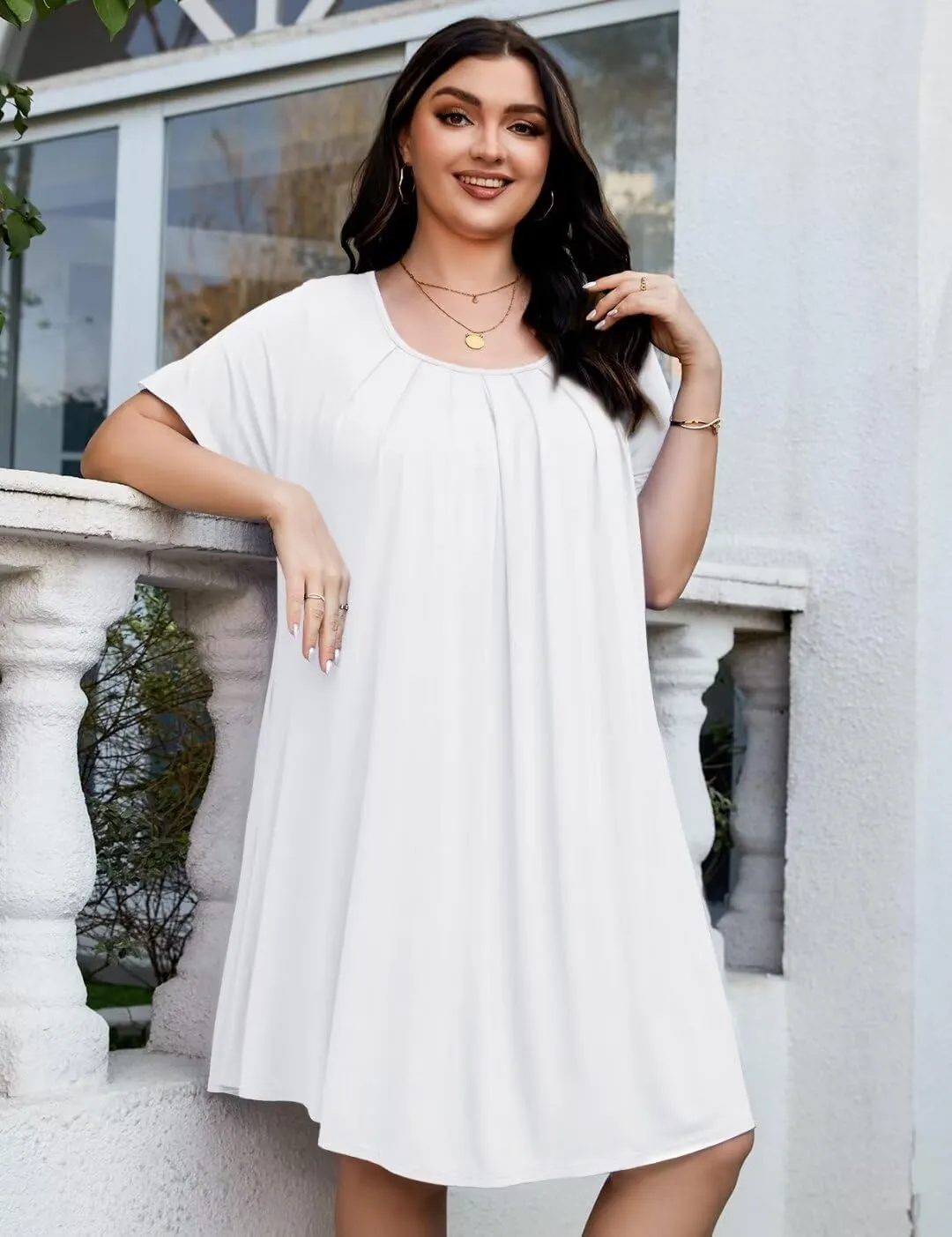 MONNURO Womens Plus Size Summer Dresses Casual Pleated Front Short Sleeve Swing Tunic Tshirt Dress with Pockets
