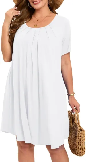 MONNURO Womens Plus Size Summer Dresses Casual Pleated Front Short Sleeve Swing Tunic Tshirt Dress with Pockets