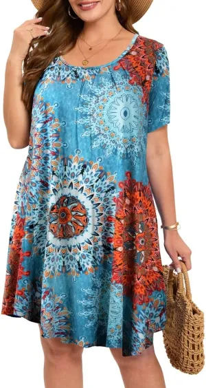 MONNURO Womens Plus Size Summer Dresses Casual Pleated Front Short Sleeve Swing Tunic Tshirt Dress with Pockets