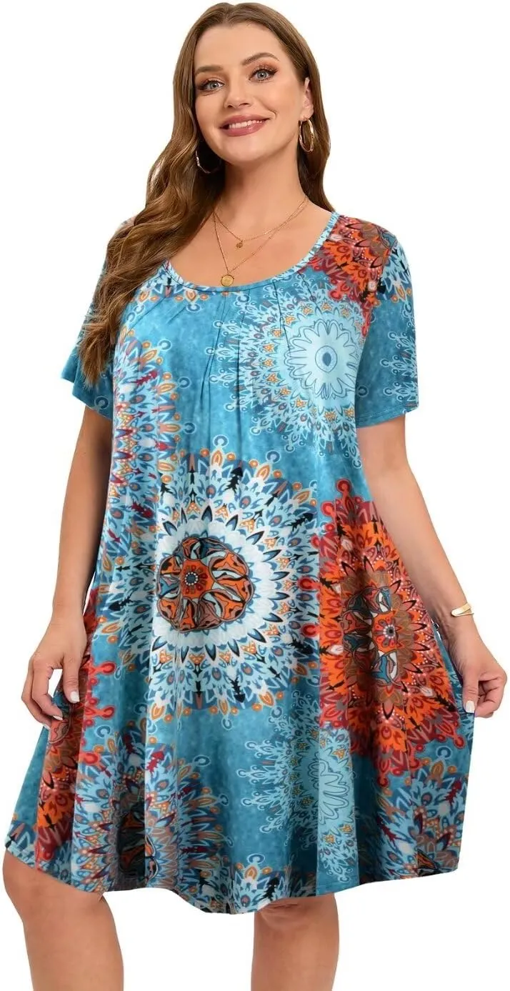 MONNURO Womens Plus Size Summer Dresses Casual Pleated Front Short Sleeve Swing Tunic Tshirt Dress with Pockets