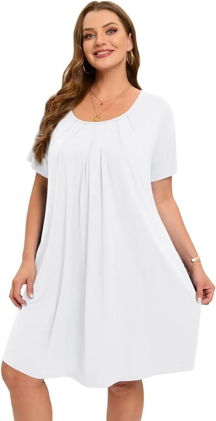 MONNURO Womens Plus Size Summer Dresses Casual Pleated Front Short Sleeve Swing Tunic Tshirt Dress with Pockets