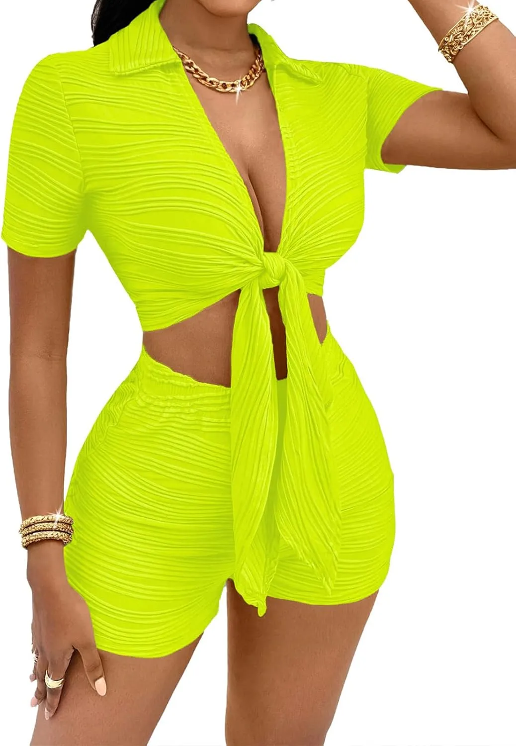 MSLG Women's Sexy 2 Piece Set Solid Summer Bodycon Suit Casual Tie Front Short Sleeve V Neck Crop Top Shorts Outfits Sets S42