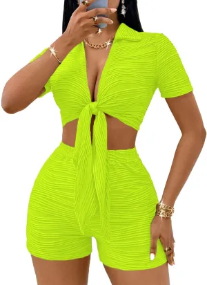 MSLG Women's Sexy 2 Piece Set Solid Summer Bodycon Suit Casual Tie Front Short Sleeve V Neck Crop Top Shorts Outfits Sets S42