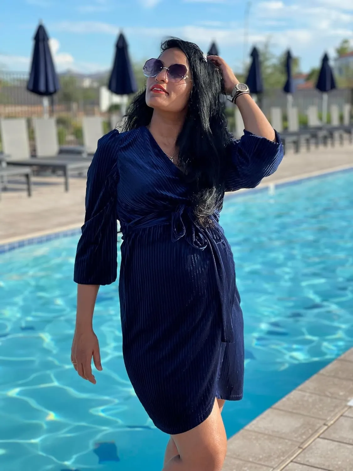 Naggoo Women's Long Sleeve Wrap Dress Semi Formal Velvet Mini Dress Sexy V Neck Cocktail Party Club Dress