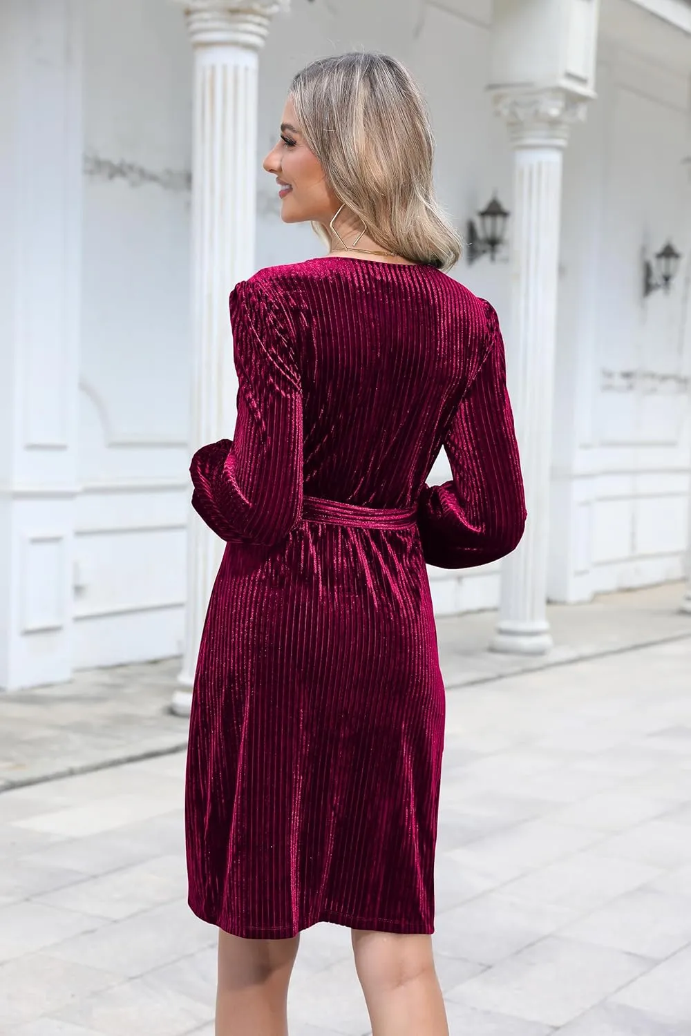 Naggoo Women's Long Sleeve Wrap Dress Semi Formal Velvet Mini Dress Sexy V Neck Cocktail Party Club Dress