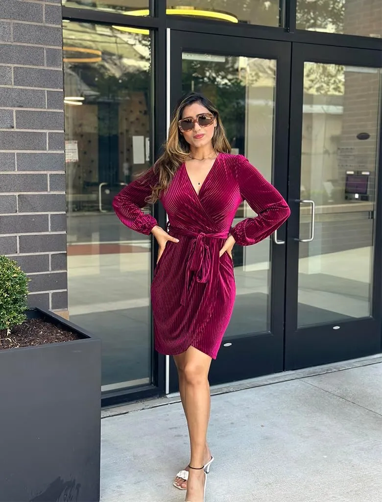 Naggoo Women's Long Sleeve Wrap Dress Semi Formal Velvet Mini Dress Sexy V Neck Cocktail Party Club Dress