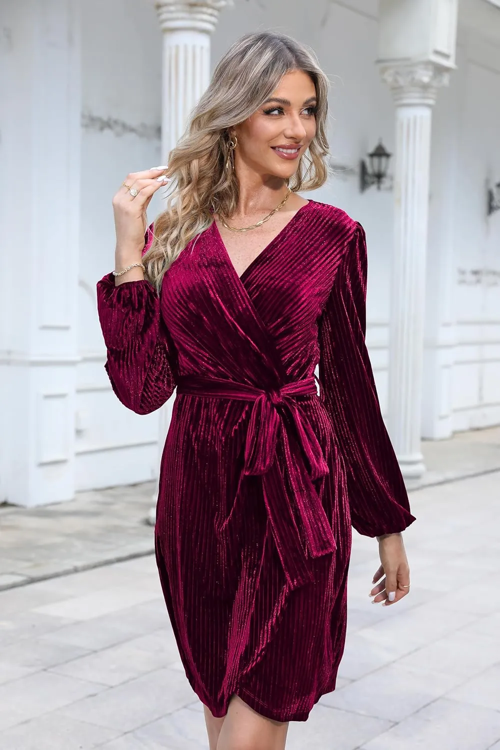 Naggoo Women's Long Sleeve Wrap Dress Semi Formal Velvet Mini Dress Sexy V Neck Cocktail Party Club Dress