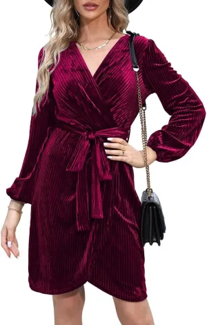 Naggoo Women's Long Sleeve Wrap Dress Semi Formal Velvet Mini Dress Sexy V Neck Cocktail Party Club Dress