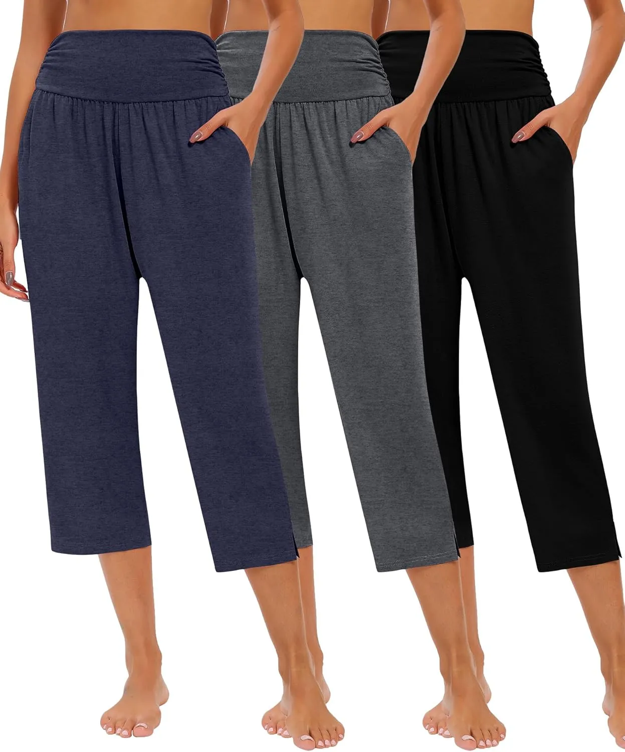 Neer 3 Pack Capri Pants for Women Casual Summer Lounge Yoga Pants Crop High Waist Loose Fit Sweatpants Pajamas with Pockets
