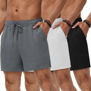 Neer 3 Pack Men's Linen Shorts Casual Cotton Lightweight Elastic Waist Drawstring Summer Shorts with Pockets