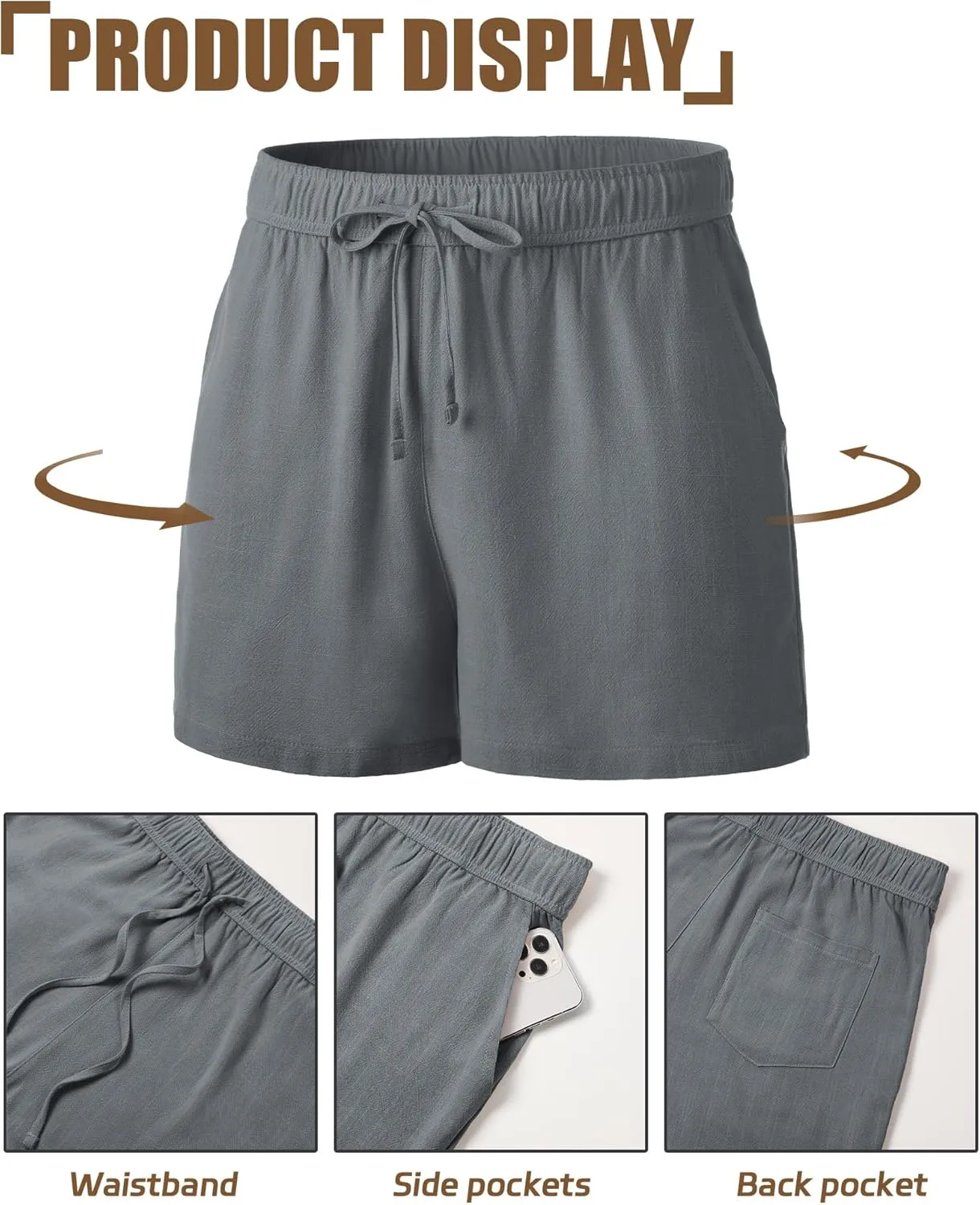 Neer 3 Pack Men's Linen Shorts Casual Cotton Lightweight Elastic Waist Drawstring Summer Shorts with Pockets